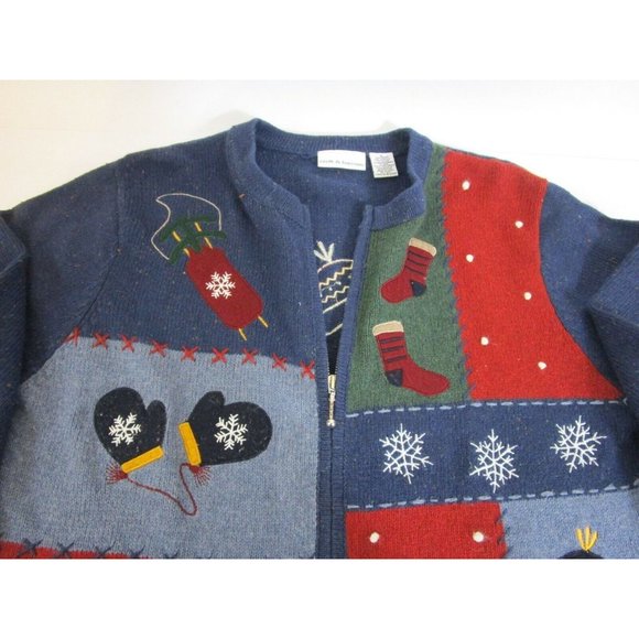 Christmas Full Zip Sweater Sz Large Snowman Snowflakes Croft & Barrow Colorblock - Picture 2 of 10